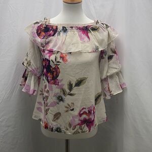 WHBM White House Black Market floral ruffle 3/4 shirt top XS